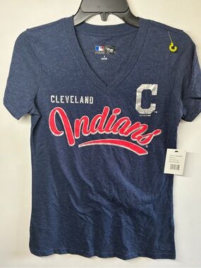 MLB Cleveland Indians Navy and Red Script V-Neck Tee